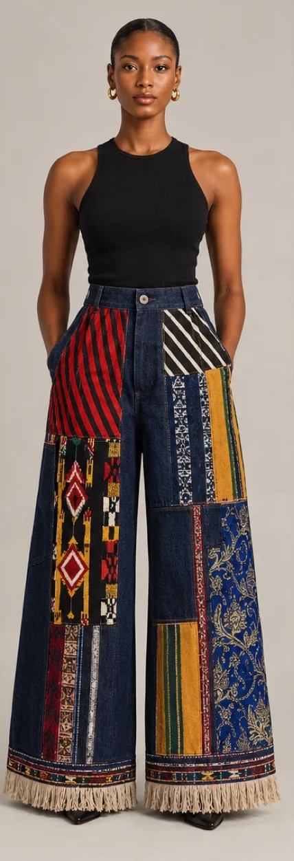 Woven-together wide-leg denim with textile panels