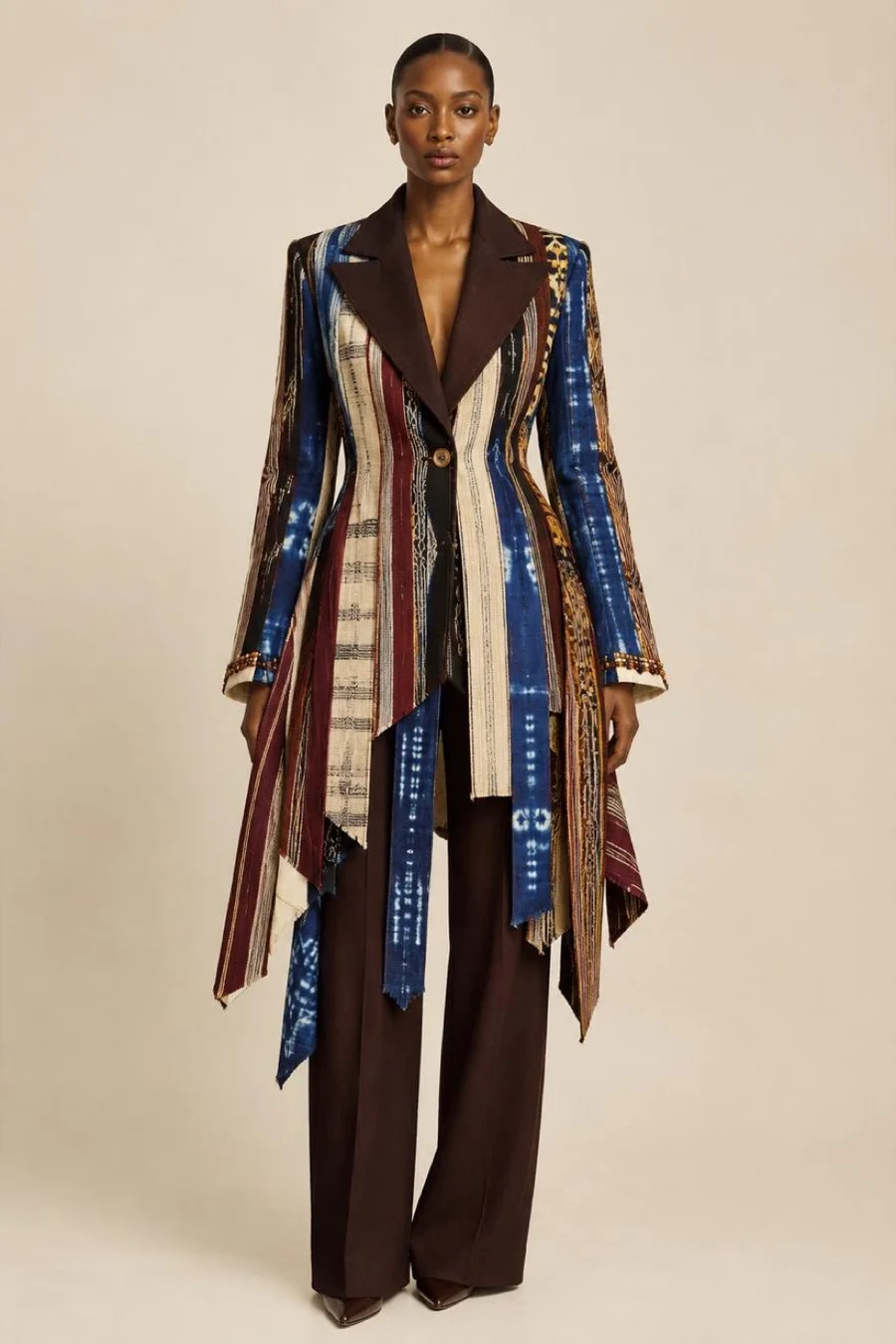 A model in the long patchwork blazer and brown trousers